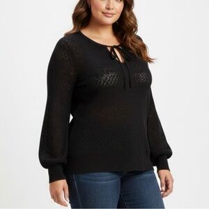 Torrid Black Pointelle Tie Neck Sweater Balloon Sleeve Plus Size 2 2X Sheer Knit